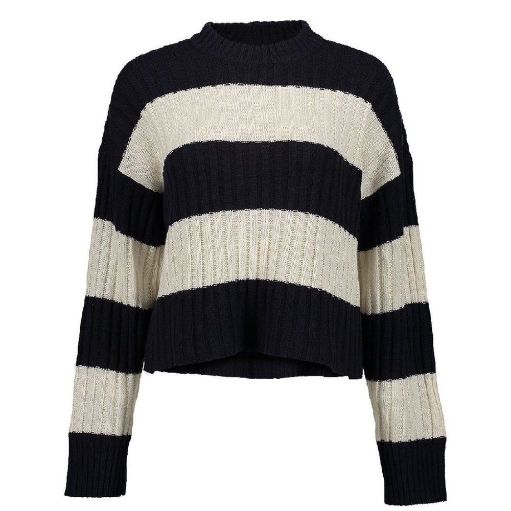 Arpeggio Ribbed Cozy Cotton Cropped Sweater in Navy Stripe, XS NWT